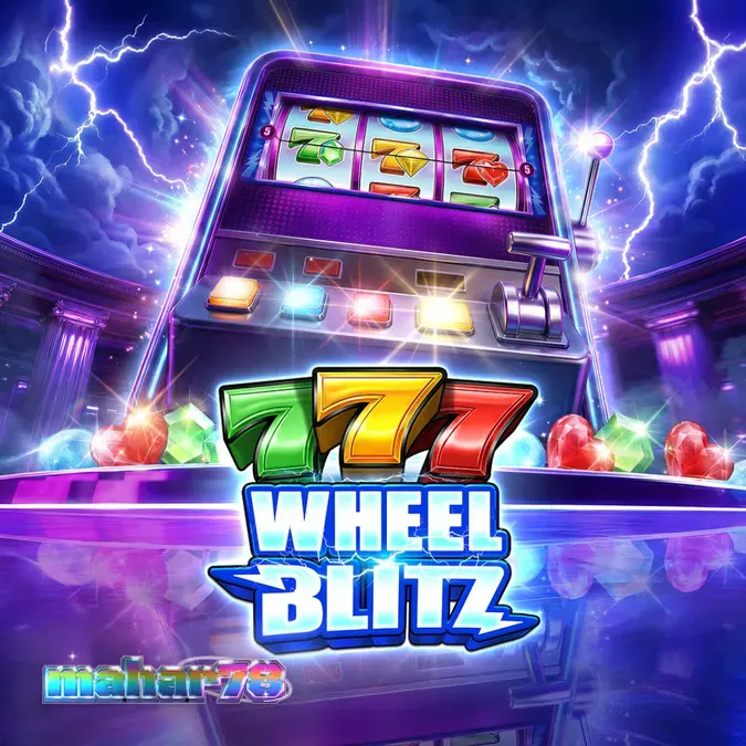 Tampilan antarmuka mesin slot 777 Wheel Blitz dengan simbol permata dan roda hadiah.